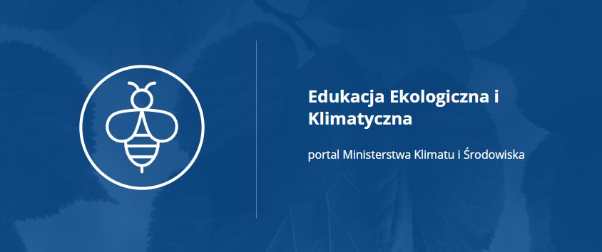 Grafika portalu internetowego. Na niebieskim tle z lewej strony jest biała grafika przedstawiająca zarys pszczoły w środku koła. Po prawej stronie jest hasło białymi literami: "Edukacja Ekologiczna i Klimatyczna" i poniżej  "portal Ministerstwa Klimatu i Środowiska"
