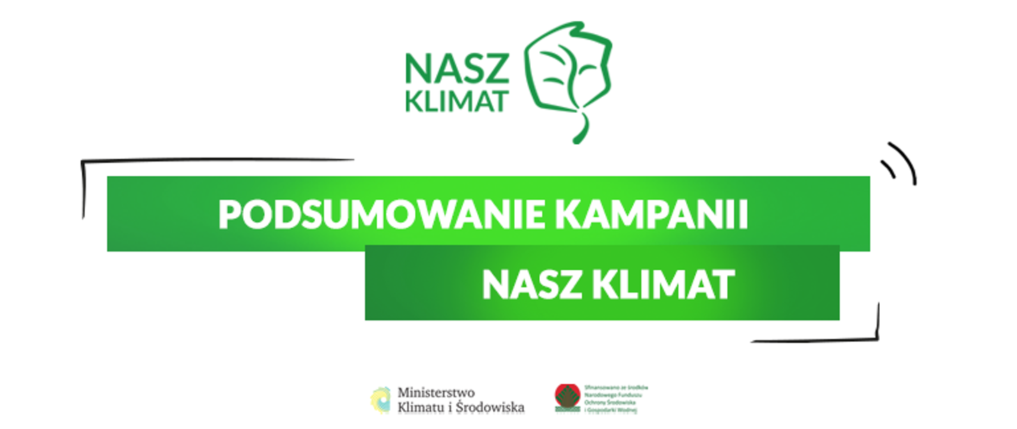 Grafika dotycząca podsumowania kampanii pod hasłem "Nasz Klimat". Na górze jest zielone logo z zielonym liściem i hasłem "Nasz Klimat", poniżej dwa zielone pola z hasłem "Podsumowanie Kampanii Nasz Klimat" (białe litery). Na dole obok siebie - logo Ministerstwa Klimatu i Środowiska oraz Narodowego Funduszu Ochrony Środowiska i Gospodarki Wodnej.