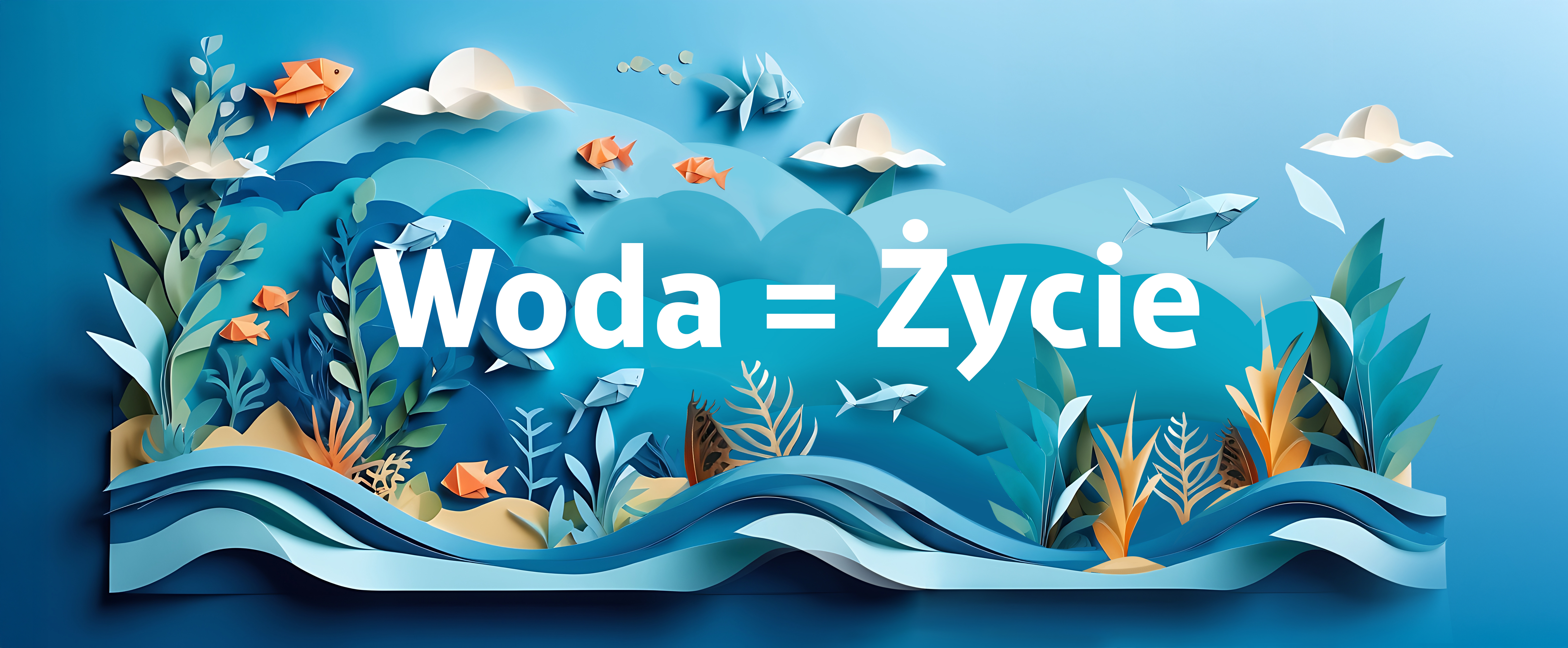 Grafika z hasłem Woda=Życie. W tle niebieska toń wodna z falami oraz kolorową roślinnością na dnie, rybami i meduzami. Na środku hasło w kolorze białym.