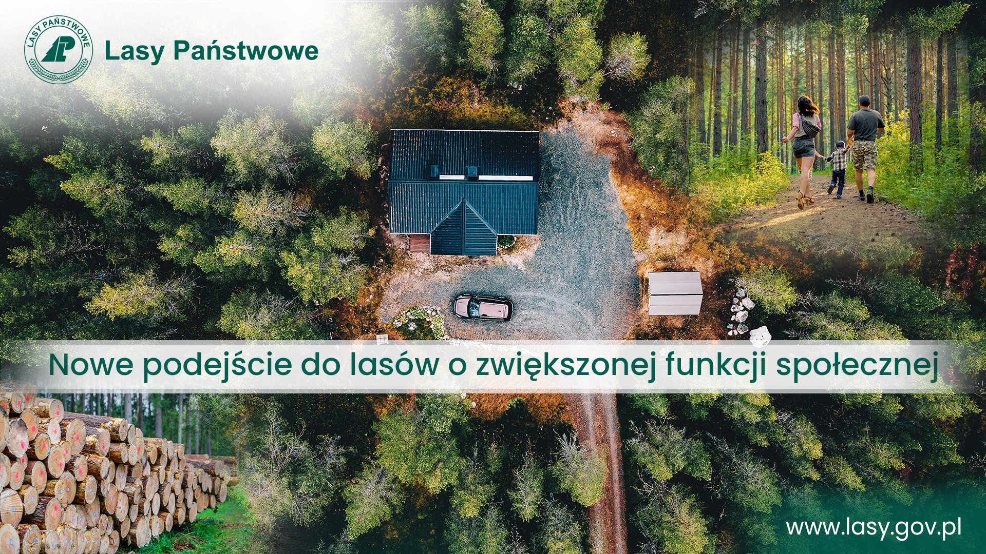 Grafika promocyjna  Lasów Społecznych - widok z góry na las, leśniczówkę, osoby spacerujące w lesie.