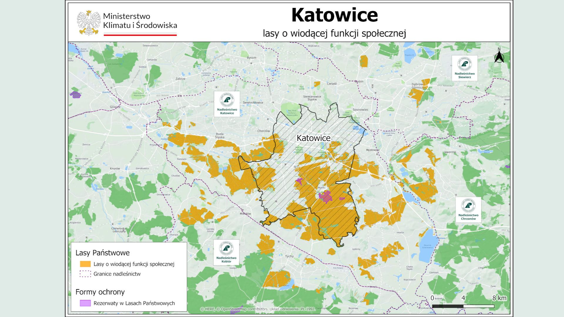 Mapa lasów społecznych wyznaczonych wokół Katowic w 2024 roku.