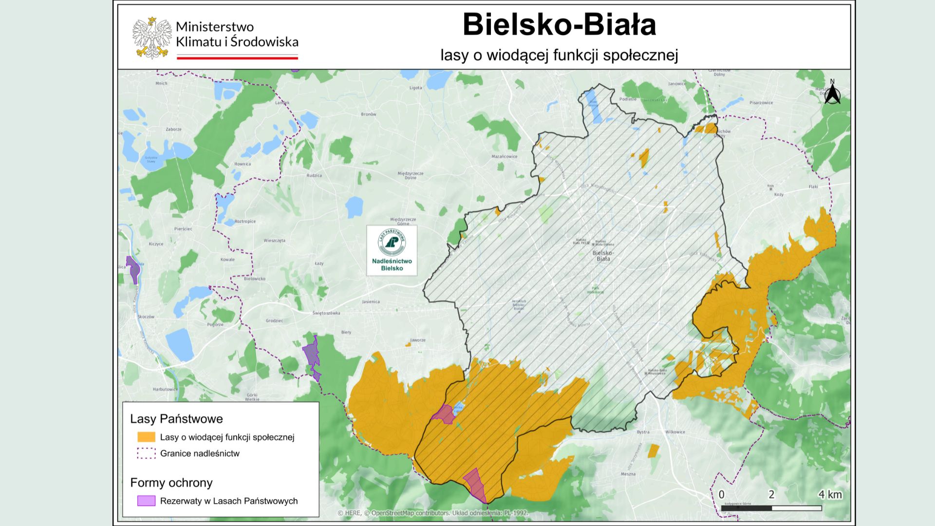 Mapa lasów społecznych wyznaczonych wokół Bielska-Białej w 2024 roku.