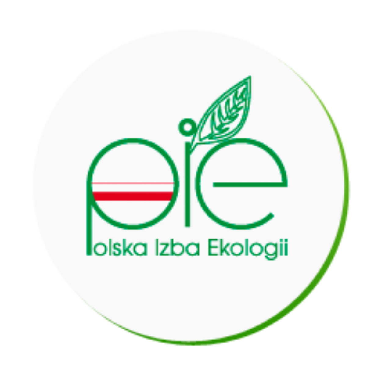 Znak graficzny logo to zielony napis "pie, Polska Izba Ekologii" w dwóch rzędach na białym tle, do litery "i" dołączony jest od góry zielony liść, w środku litery "p" jest polska flaga.