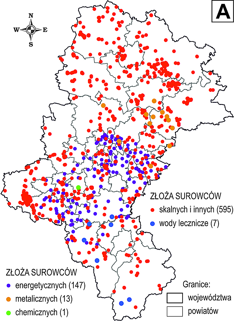 Mapa. Złoża kopalin w województwie śląskim