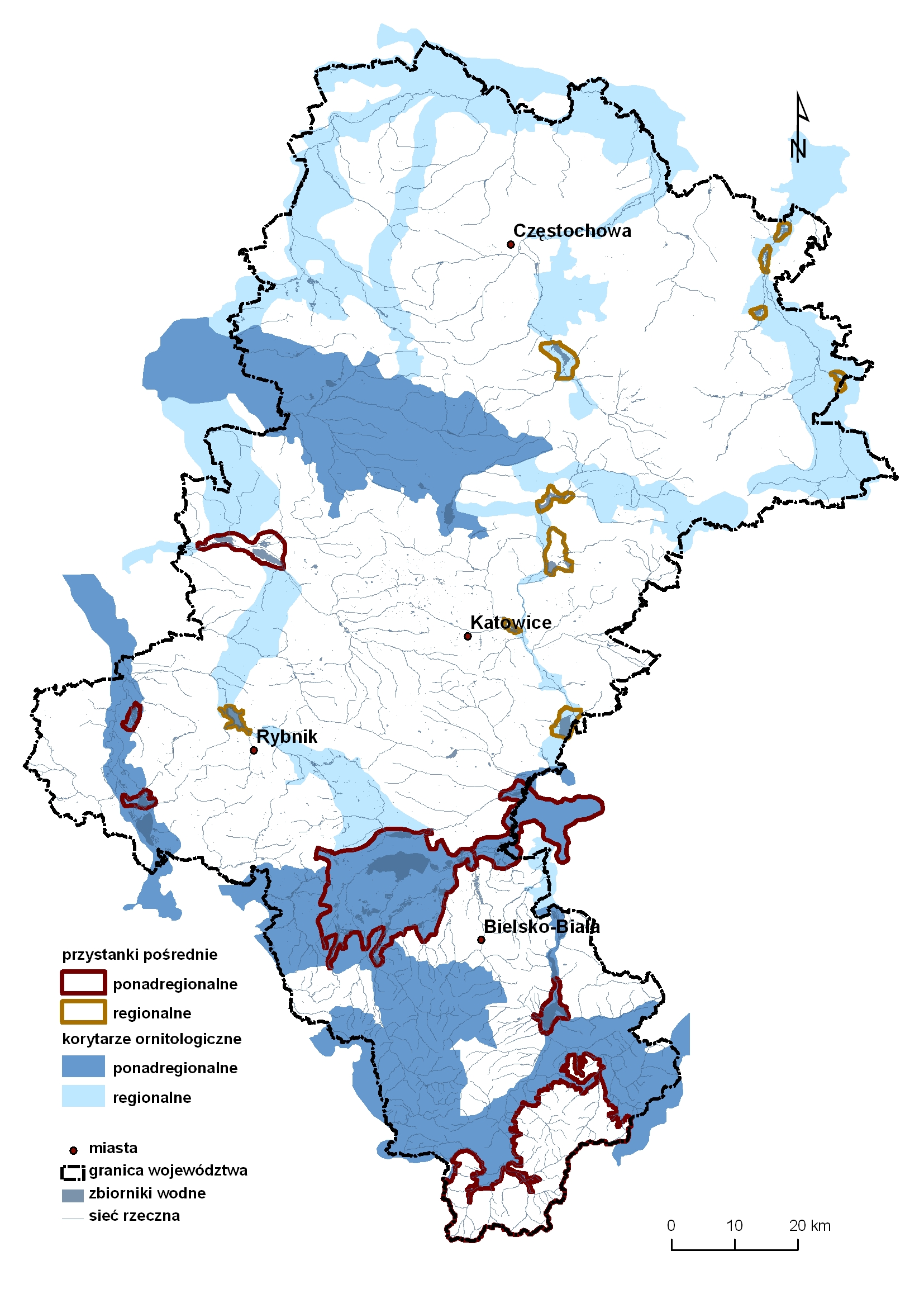Korytarze ekologiczne w województwie śląskim – koncepcja do planu zagospodarowania przestrzennego województwa - korytarze dla ptaków (2016)