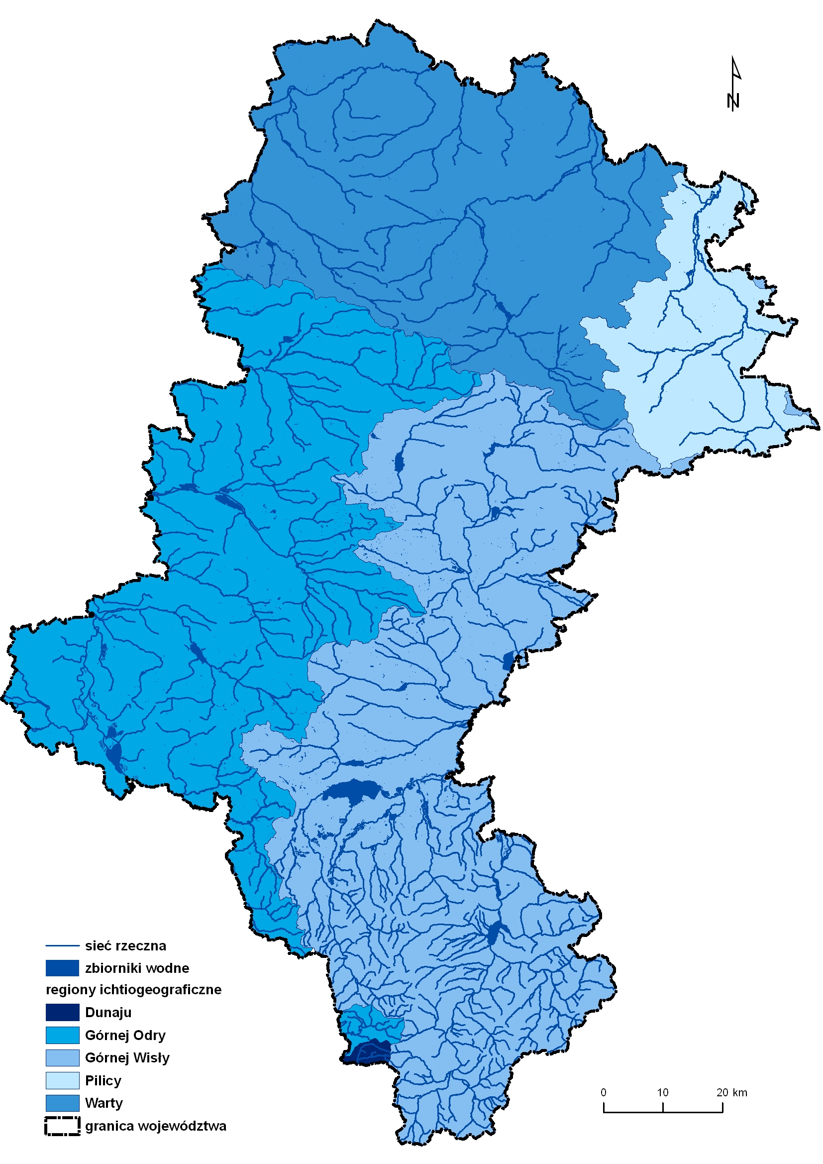 Mapa. Regiony ichtiogeograficzne w województwie śląskim (2015)