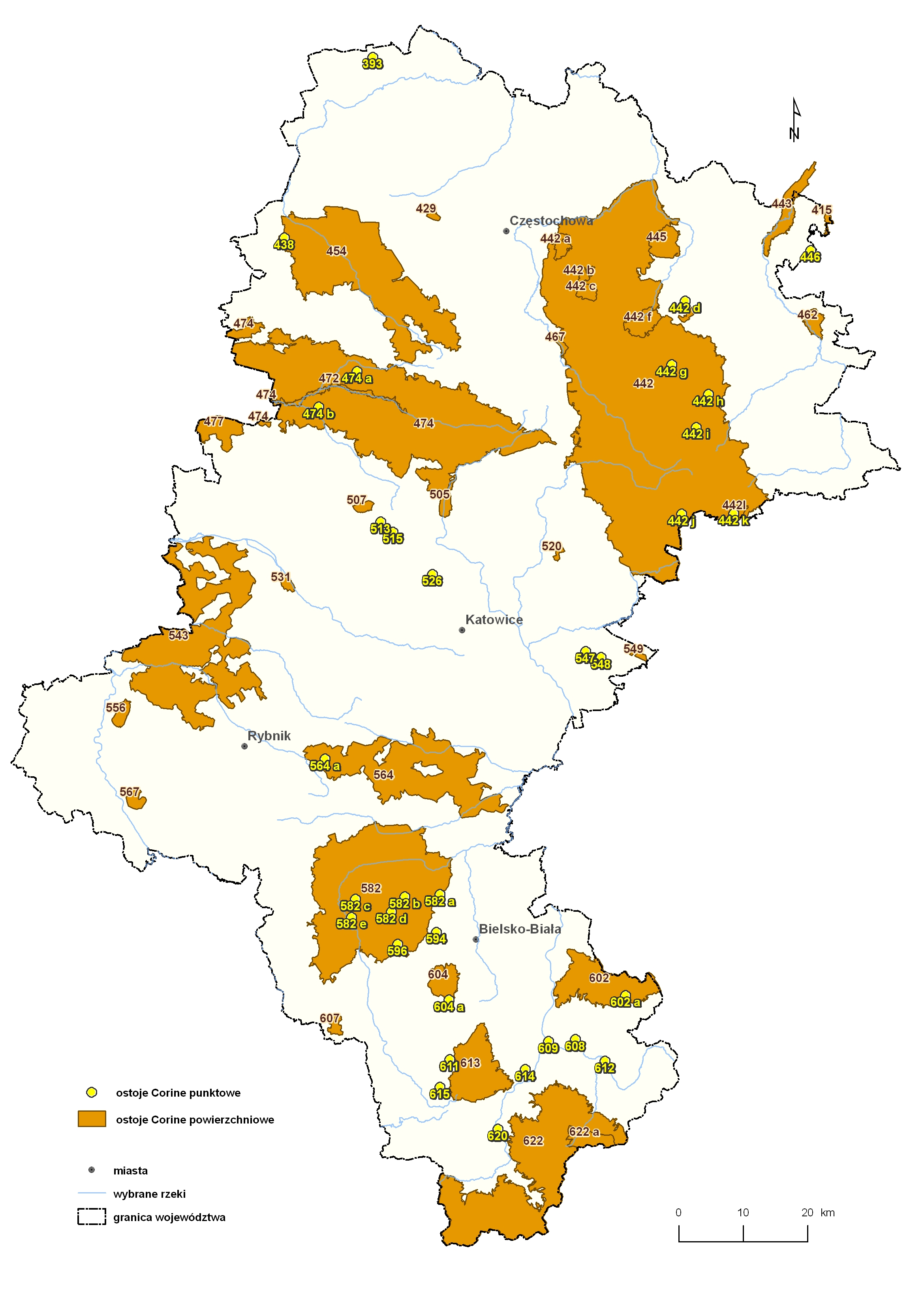 Ostoje Corine w województwie śląskim (2015)