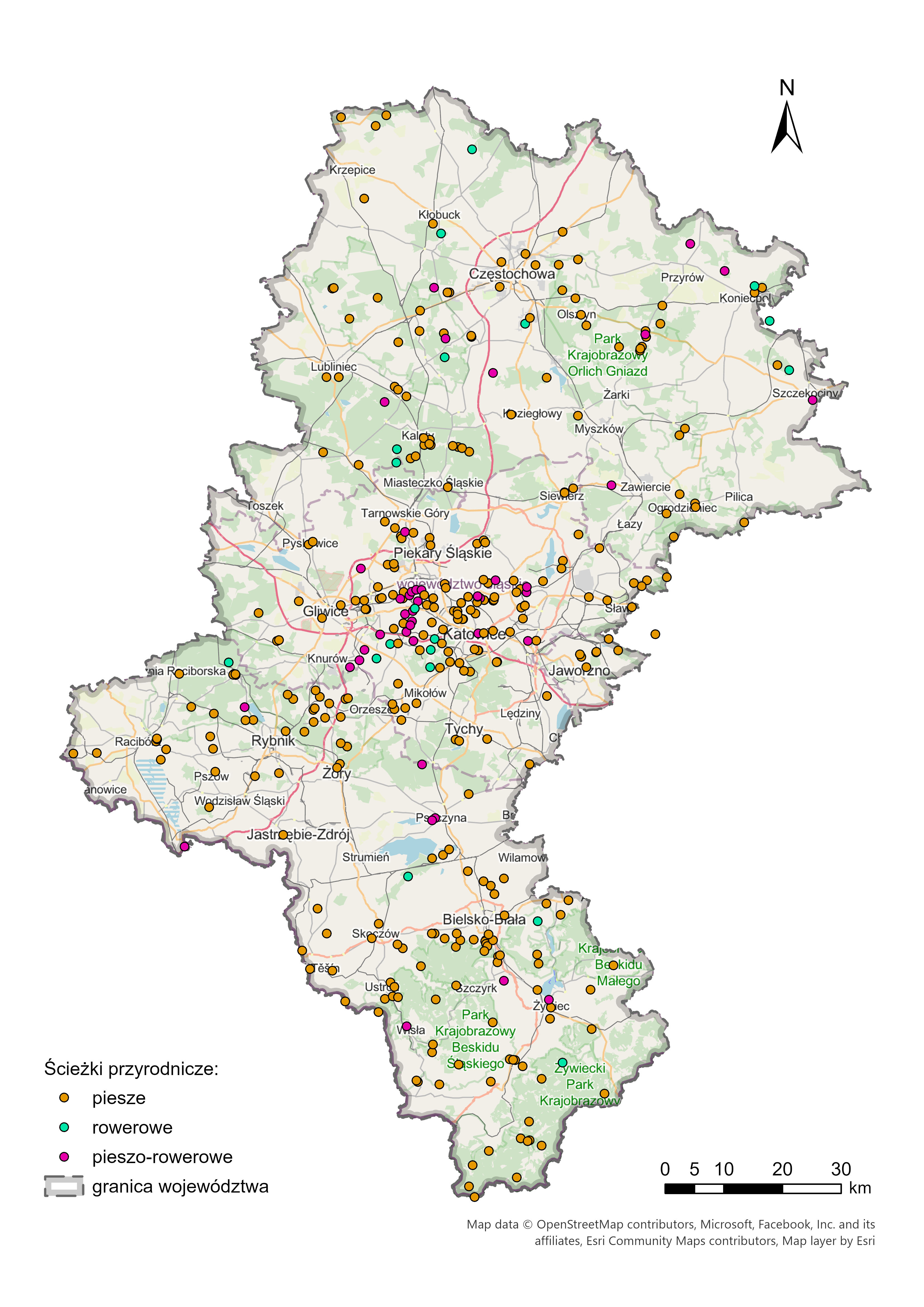 Mapa z lokalizacją ścieżek przyrodniczych w województwie śląskim, 2024