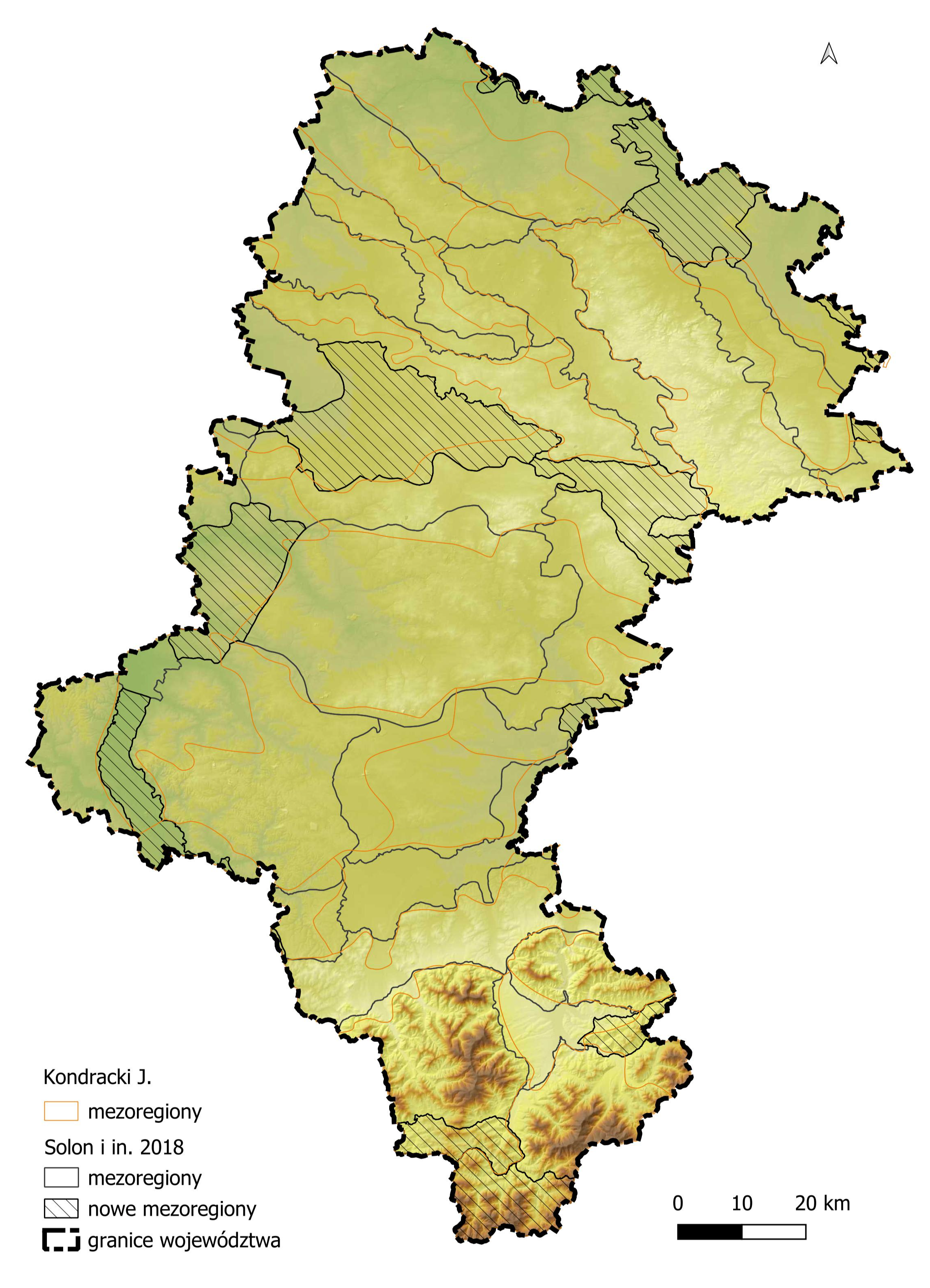 Mapa przedstawia zmiany regionalizacji fizycznogeograficznej województwa śląskiego, tj. przebieg granic mezoregionów wg Solon i in. (2018) oraz mezoregionów wg J. Kondracki na tle rzeźby terenu