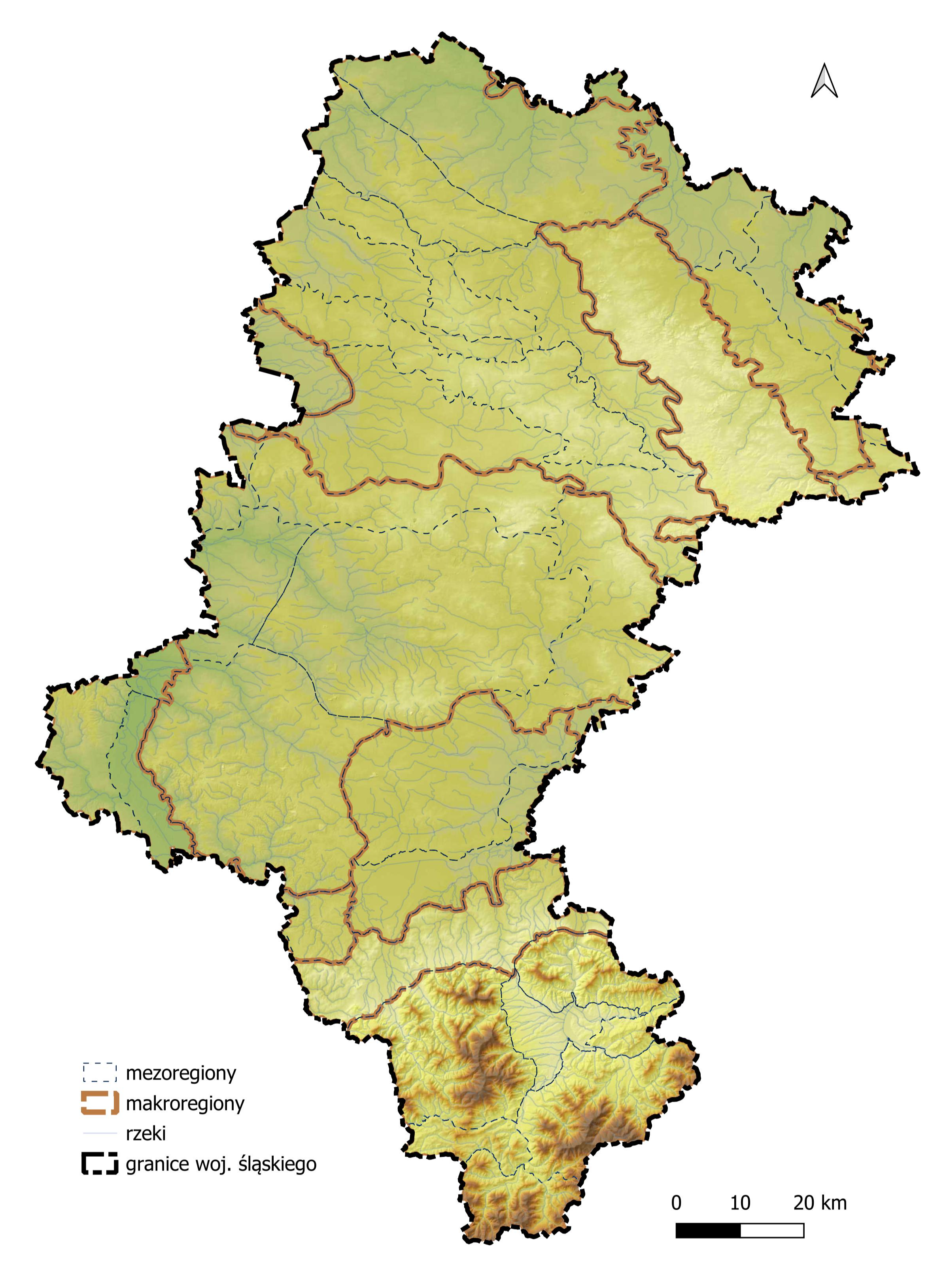 Mapa przedstawia podział województwa śląskiego na makroregiony i mezoregiony wg Solon i in. (2018) na tle rzeźby terenu