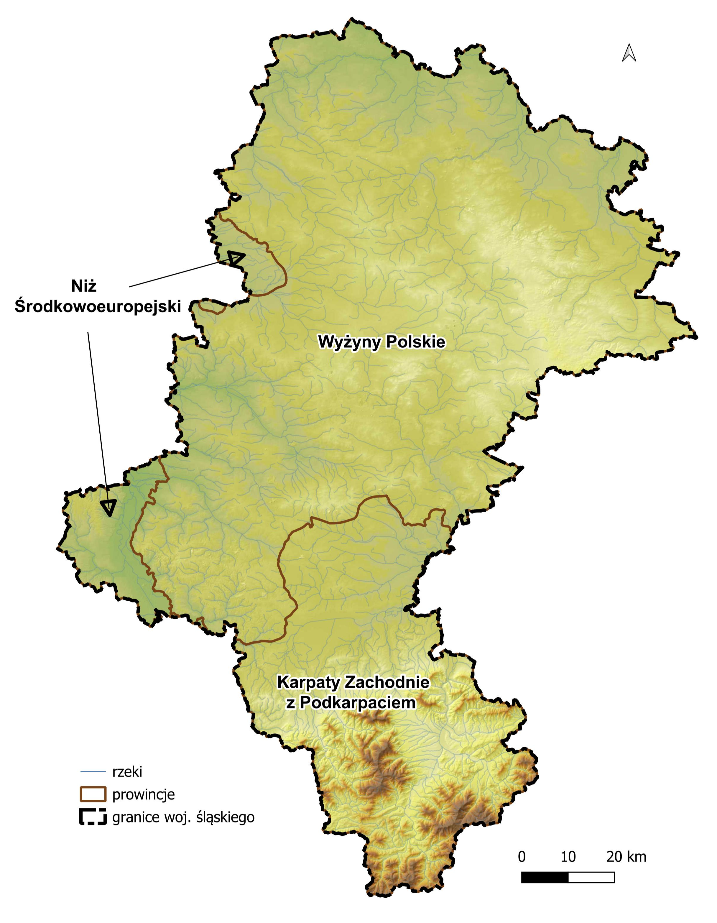 Mapa przedstawia podział województwa śląskiego na prowincje wg Solon i in. (2018) na tle rzeźby terenu.
