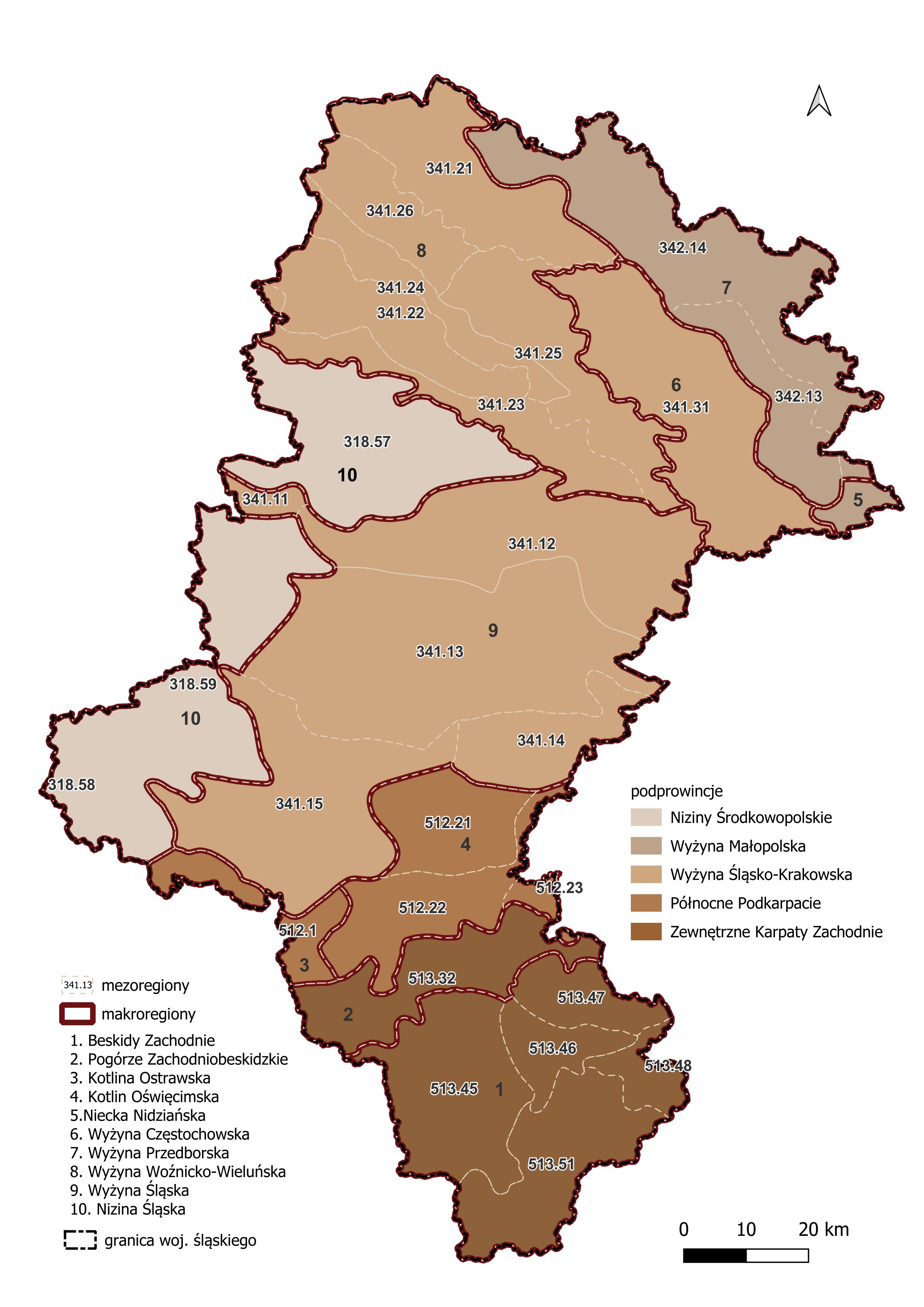 Mapa przedstawia podział województwa śląskiego na podprowincje, makroregiony i mezoregiony wg J. Kondrackiego