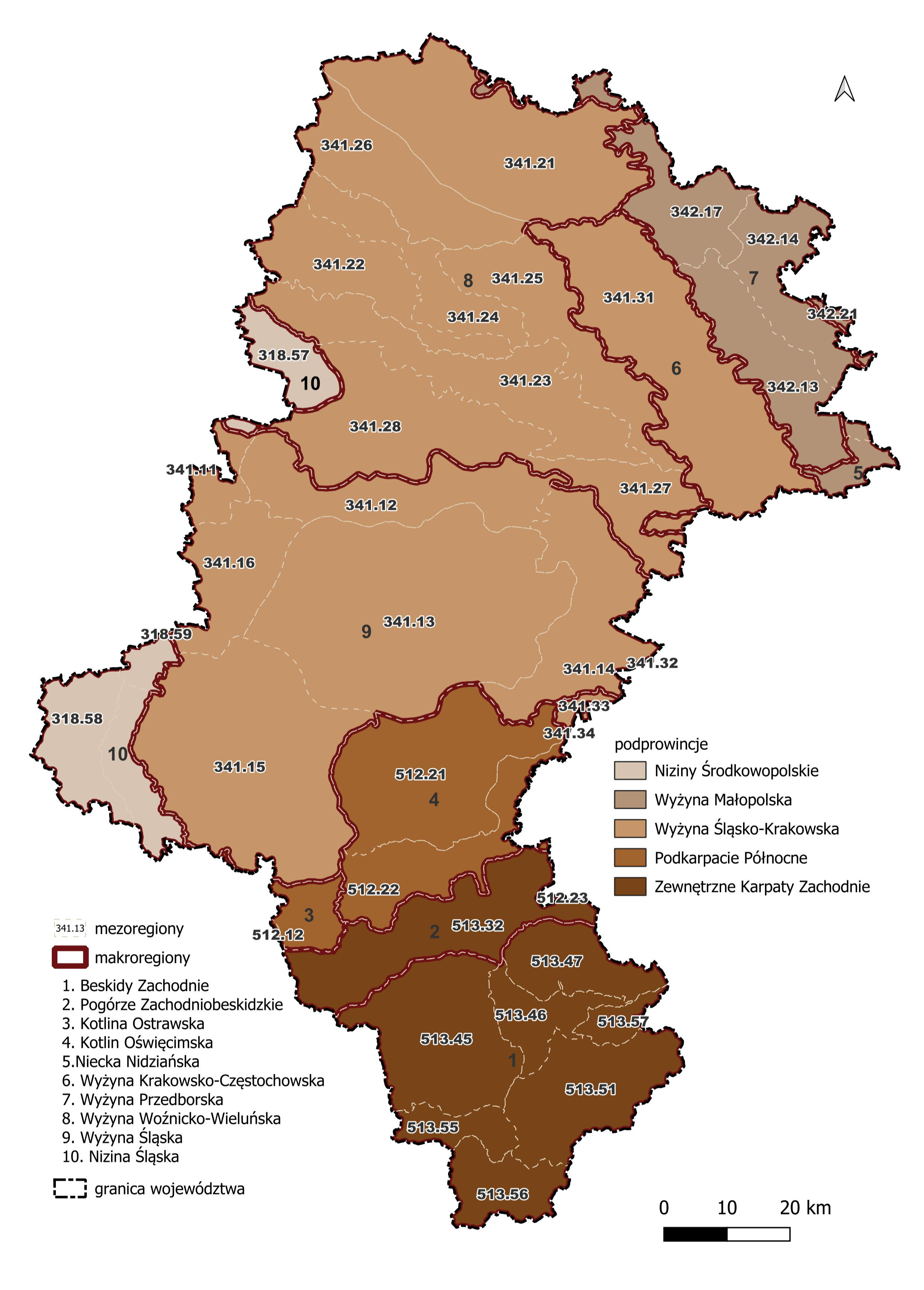 Podział województwa śląskiego na podprowincje, makroregiony i mezoregiony wg Solin i in. (2018).