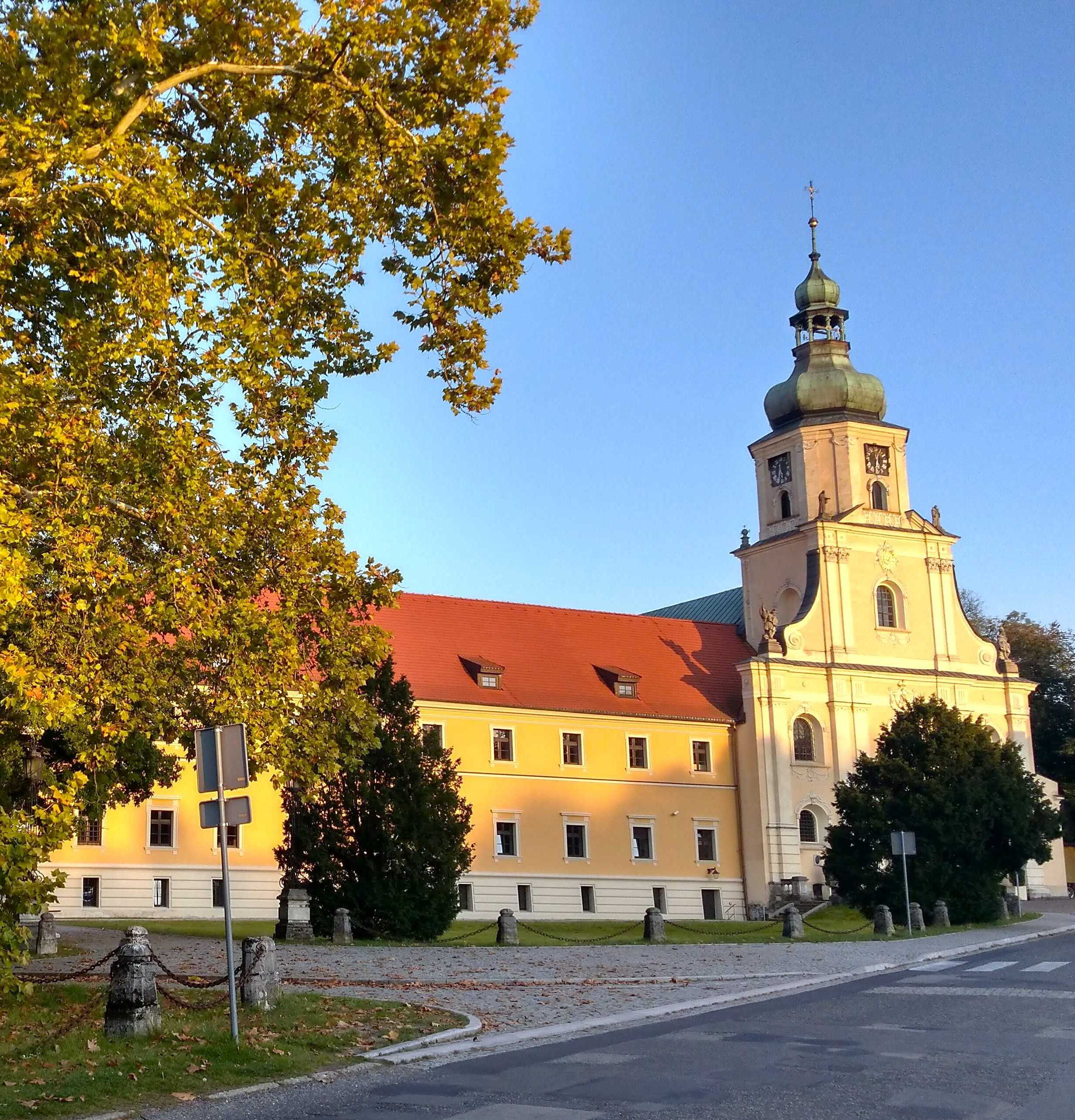 Zdjęcie przedstawia zabudowania klasztor/bazylikę i pałac Opactwa cystersów w Rudach po prawej stronie oraz zadrzewienia parkowe po lewej stronie. Na pierwszym planie jest ulica.