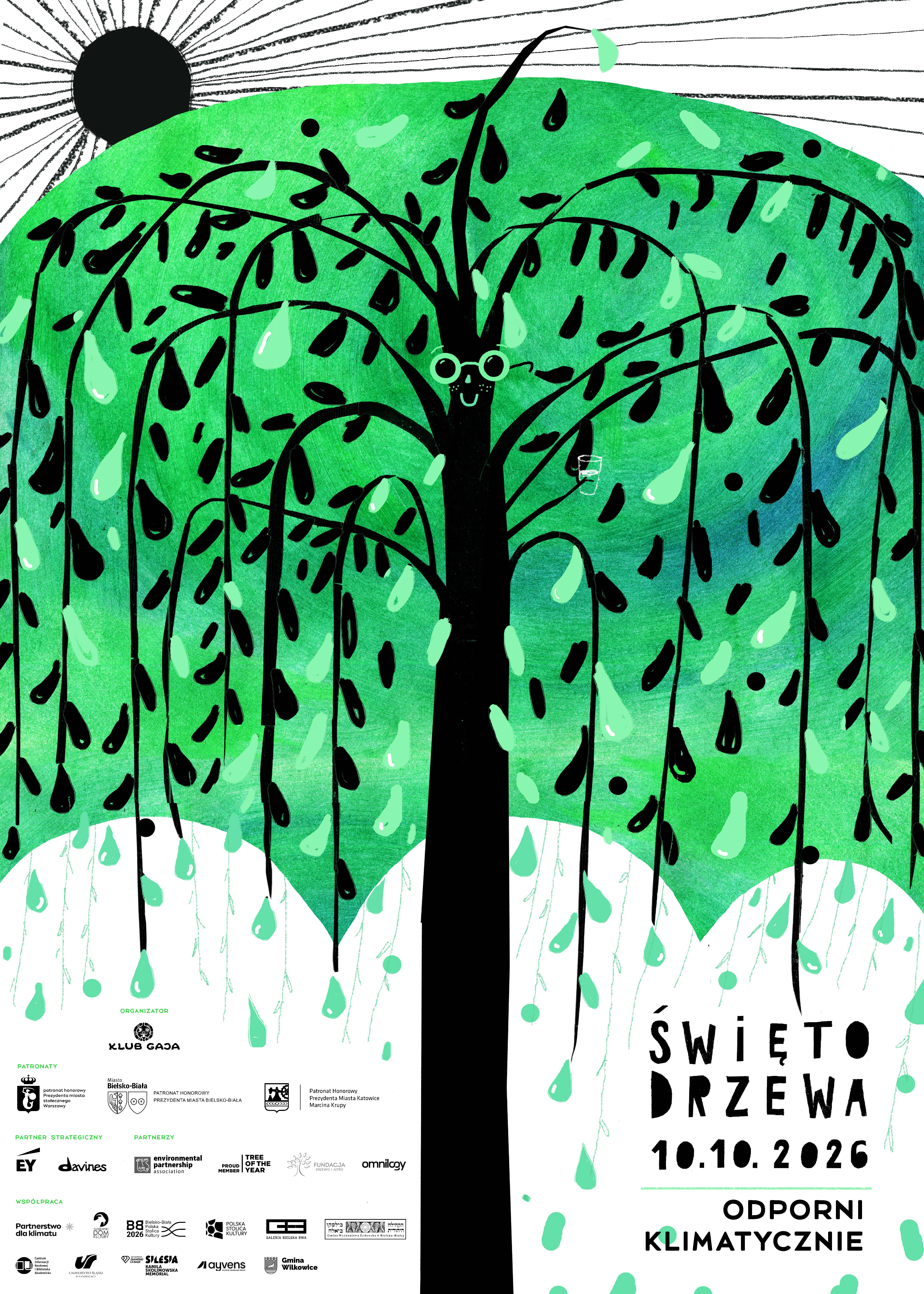 Plakat programu  "Święto Drzewa". Na białym tle centralnie umieszczono sylwetkę drzewa w kształcie parasola, zwisające gałązki z zielonymi i czarnymi liśćmi przypominają koronę drzewa. W lewym dolnym rogu czarne logotypy parterów programu. W prawym dolnym rogu hasło programu czarną czarną czcionką "Święto Drzewa. 10.10.2026. Odporni klimatycznie".