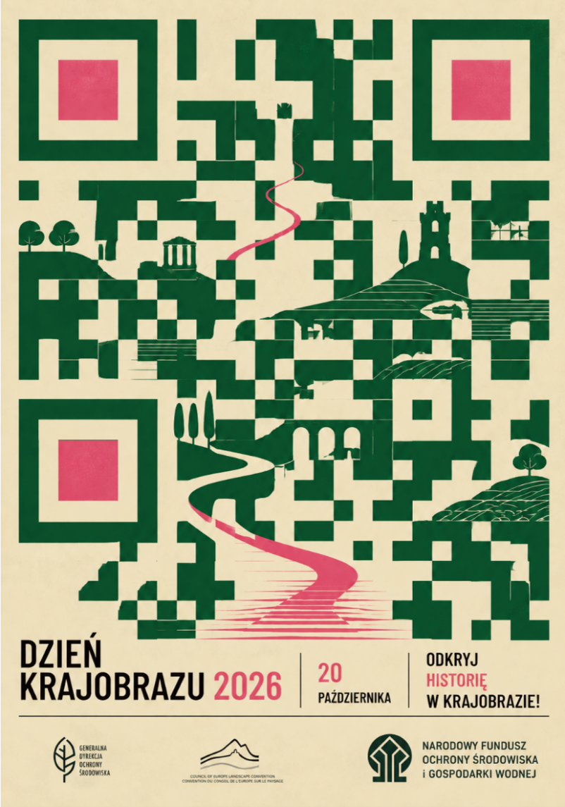 Plakat promujący Dzień Krajobrazu 2026. Kompozycja przypomina kod QR, w którego wnętrzu widoczne są zielone sylwetki elementów krajobrazu: drzew, wzgórz, ruin, mostu i pól. Przez środek prowadzi różowa, wijąca się rzeka. Na dole napis: „Dzień Krajobrazu 2026, 20 października. Odkryj historię w krajobrazie!”. Na samym dole zamieszczono trzy czarne logotypy organizatorów.
