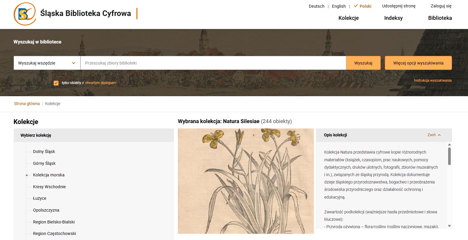 Szata graficzna Kolekcji Natura Silesiae, podstrona Śląskiej Biblioteki Cyfrowej