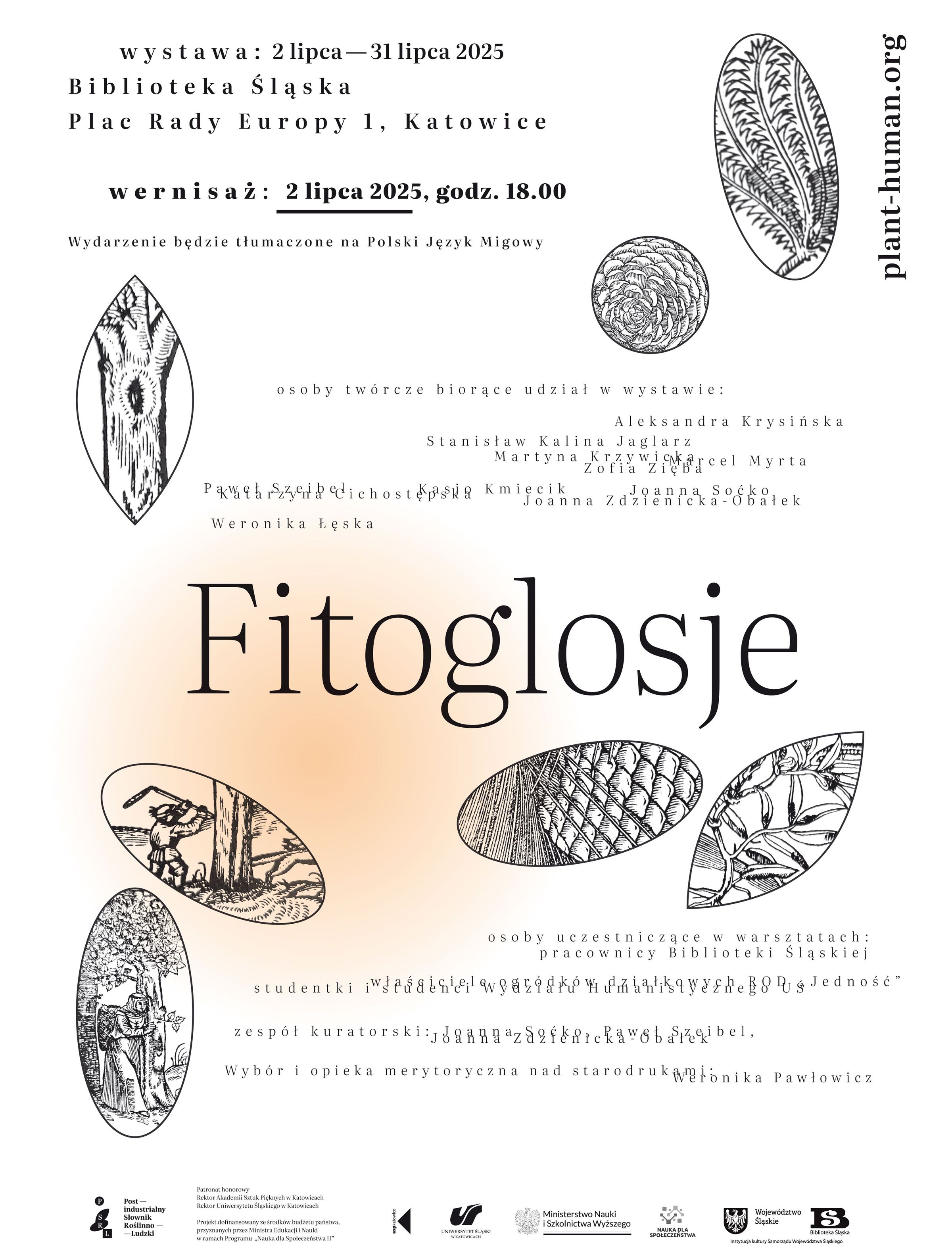 Grafika promująca wystawę „Fitoglosje” – na białym tle czarną czcionką informacje na temat wystawy, pomiędzy grafiki z motywami roślinnymi, na dole loga partnerów projektu.
