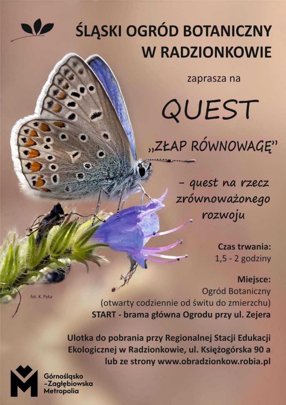 Plakat promujący Quest pt. „Złap równowagę” w Śląskim Ogrodzie Botanicznym w Radzionkowie z programem i dodatkowymi informacjami organizacyjnymi.