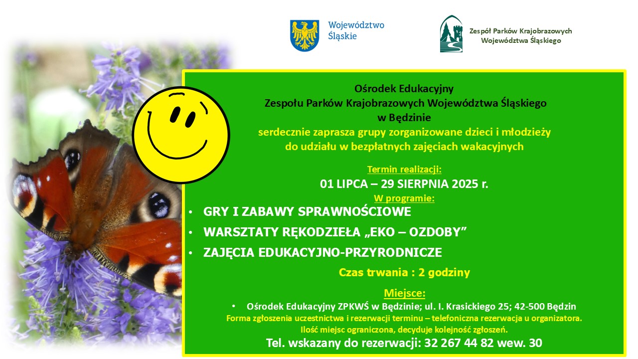 Plakat promujący "Wakacyjne zajęcia dla grup zorganizowanych w OE ZPKWŚ w Będzinie" z programem i informacjami organizacyjnymi.