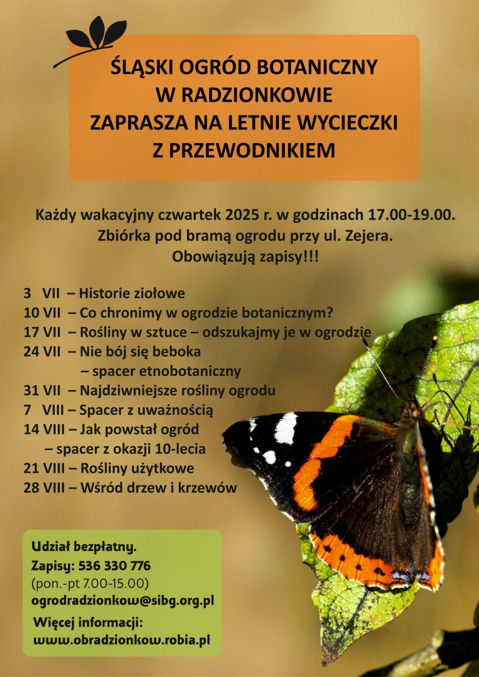 Plakat z programem "Letnich wycieczek z przewodnikiem" w Śląskim Ogrodzie Botanicznym oraz dodatkowymi informacjami organizacyjnymi.