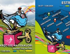 Dwa plakaty promujące 62. Tydzień Kultury Beskidzkiej. Plakaty przedstawiają logo tegorocznej edycji - pozytywkę z tańcząca parą w góralskich strojach, w tle góry, na  plakatach: hasła reklamowe, miasta festiwalowe i termin festiwalu.