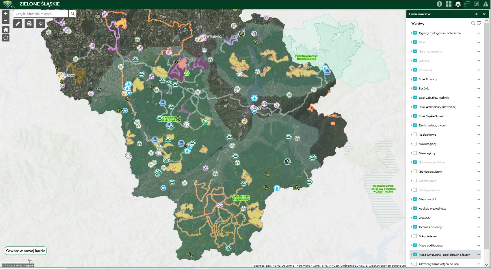 Zrzut ekranu strony internetowej aplikacji Zielone Śląskie w geoportalu ORSIP (2025).