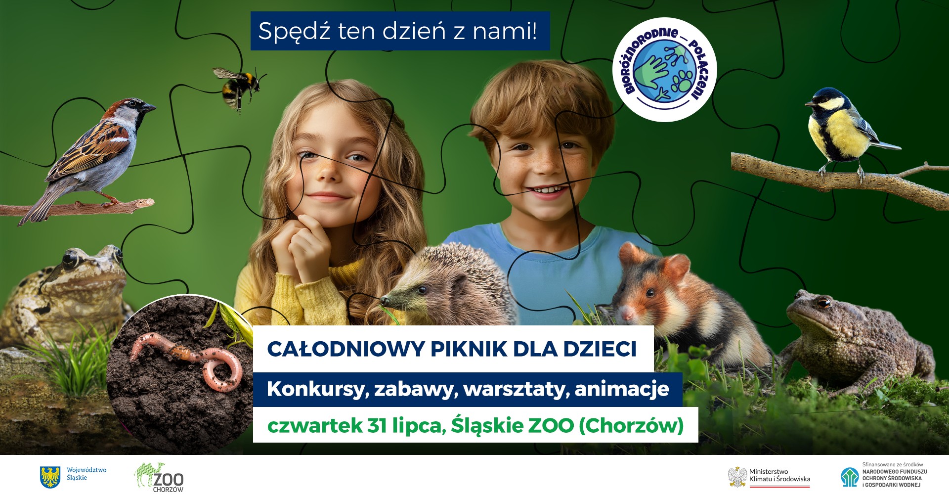 Grafika promująca całodniowy piknik dla dzieci 31 lipca 2025 roku w Śląskim ZOO w Chorzowie. Na zielonym tle w centrum dziewczynka po lewej i chłopiec po prawej, na dole zielona trawa. Po lewej i prawej stronie oraz na dole 8 zwierząt - bohaterów kampanii. W centrum, na górze i na dole hasła i logo kampanii.