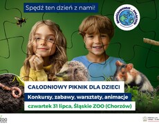 Grafika promująca całodniowy piknik dla dzieci 31 lipca 2025 roku w Śląskim ZOO w Chorzowie. Na zielonym tle w centrum dziewczynka po lewej i chłopiec po prawej, na dole zielona trawa. Po lewej i prawej stronie oraz na dole 8 zwierząt - bohaterów kampanii. W centrum, na górze i na dole hasła i logo kampanii.