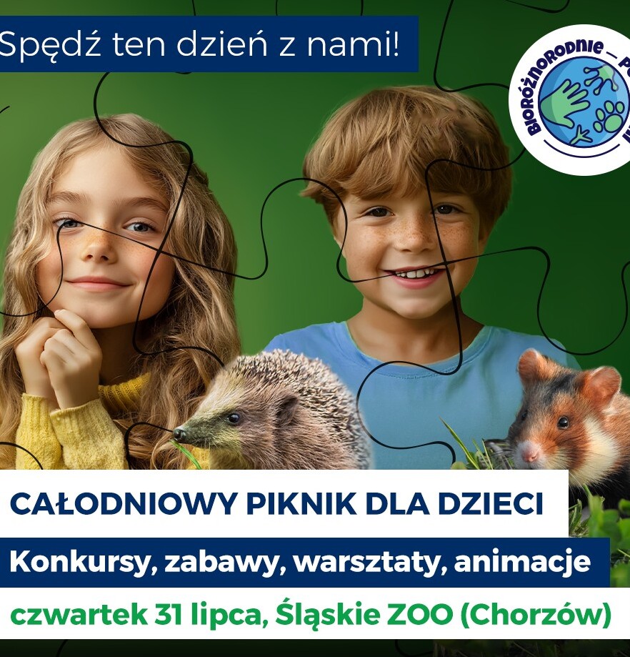 Grafika promująca całodniowy piknik dla dzieci 31 lipca 2025 roku w Śląskim ZOO w Chorzowie. Na zielonym tle w centrum dziewczynka po lewej i chłopiec po prawej, na dole zielona trawa. Po lewej i prawej stronie oraz na dole 8 zwierząt - bohaterów kampanii. W centrum, na górze i na dole hasła i logo kampanii.