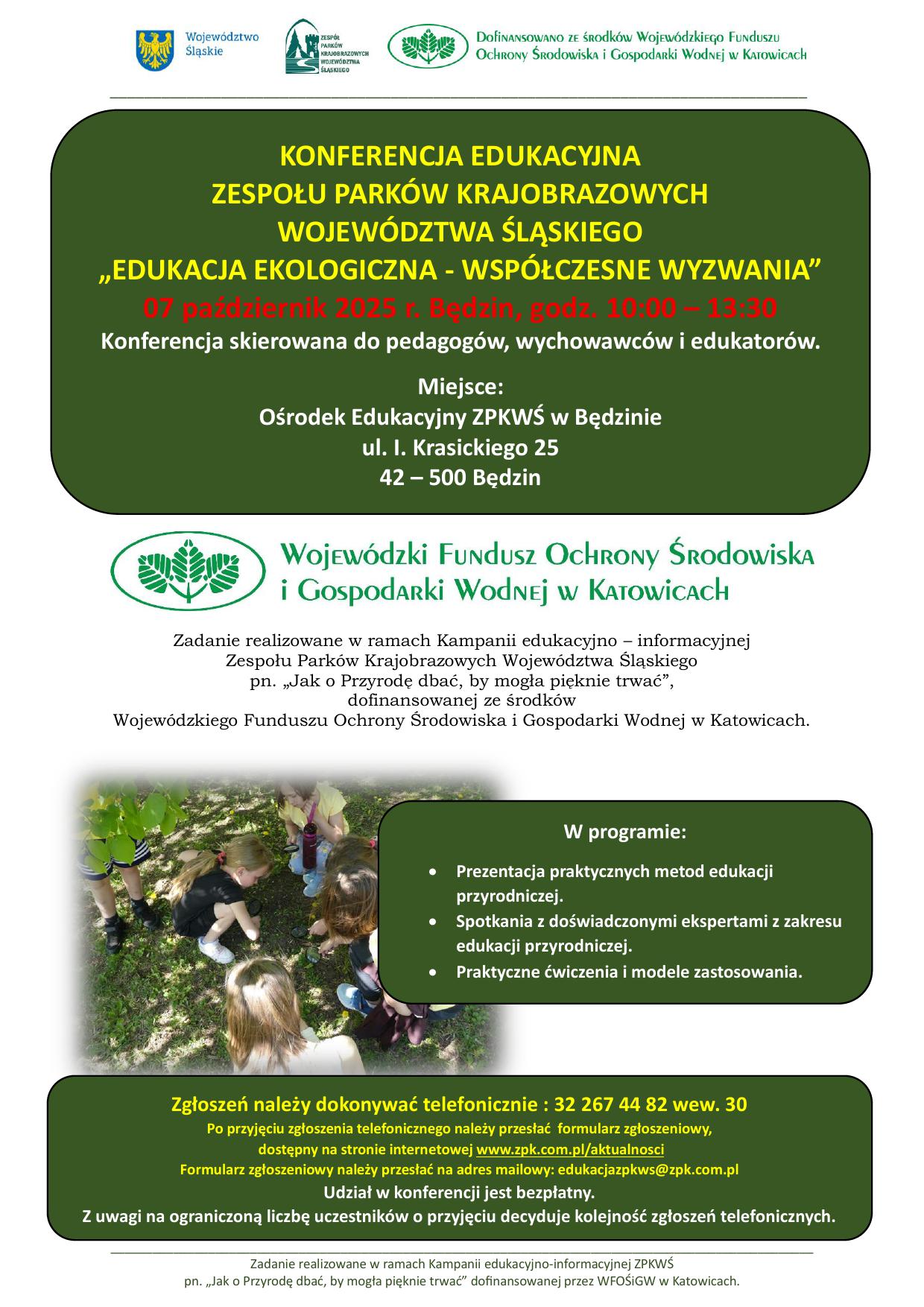 Grafika informacyjna  konferencji pt. "Edukacja ekologiczna - współczesne wyzwania" z informacjami organizacyjnymi (tytuł, termin, miejsce).