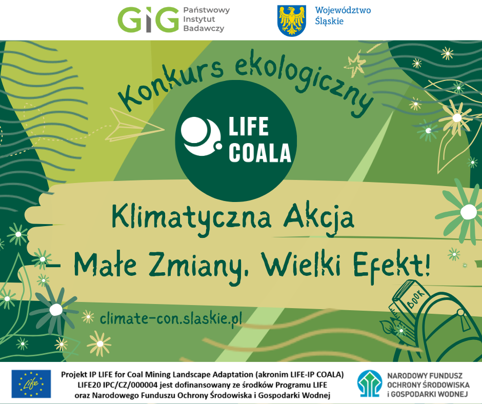 Grafika promocyjna konkursu ekologicznego, wydarzenia towarzyszącemu III Śląskiemu Konwentowi Klimatycznemu Climate-Con 2025, na żółto-zielonym tle tytuł konkursu i nazwa projektu oraz adres strony internetowej.