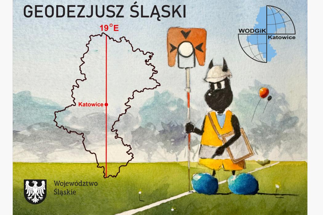 Grafika informacyjna na temat posadowienia Beboka Geodezjusza w Parku Śląskim, przedstawia rysunek Beboka, kontur województwa śląskiego przeciętego linią południka, logo Województwa Śląskiego i WODGiK w Katowicach, w tle zarysy drzew parkowych.