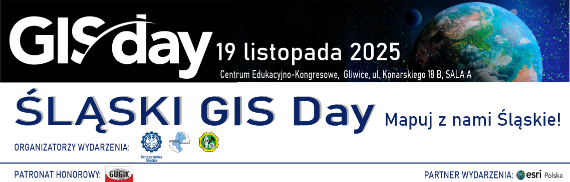 Banner promujący Śląski GIS Day 2025 z informacjami organizacyjnymi (tytuł, miejsce, termin, organizatorzy i partnerzy wydarzenia), w tle m.in. widok Ziemi we wszechświecie