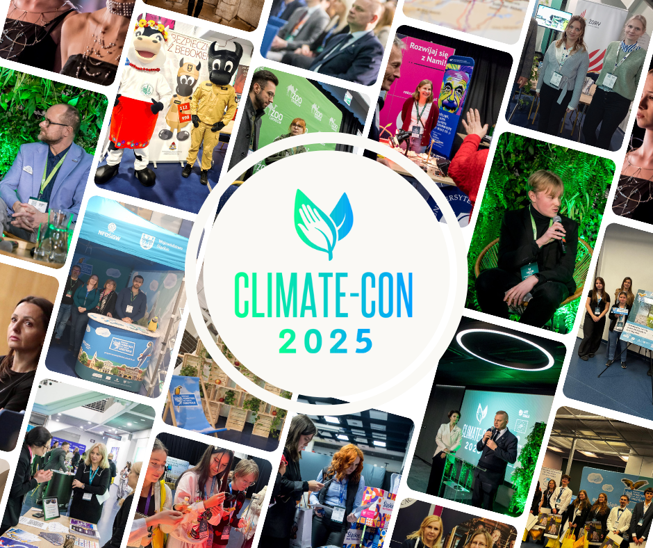 Grafika promocyjna Climate-Con 2025, relacja z wydarzenia, kolaż kilkunastu zdjęć z wydarzenia, w centrum logo i nazwa w polu o kształcie białego koła.