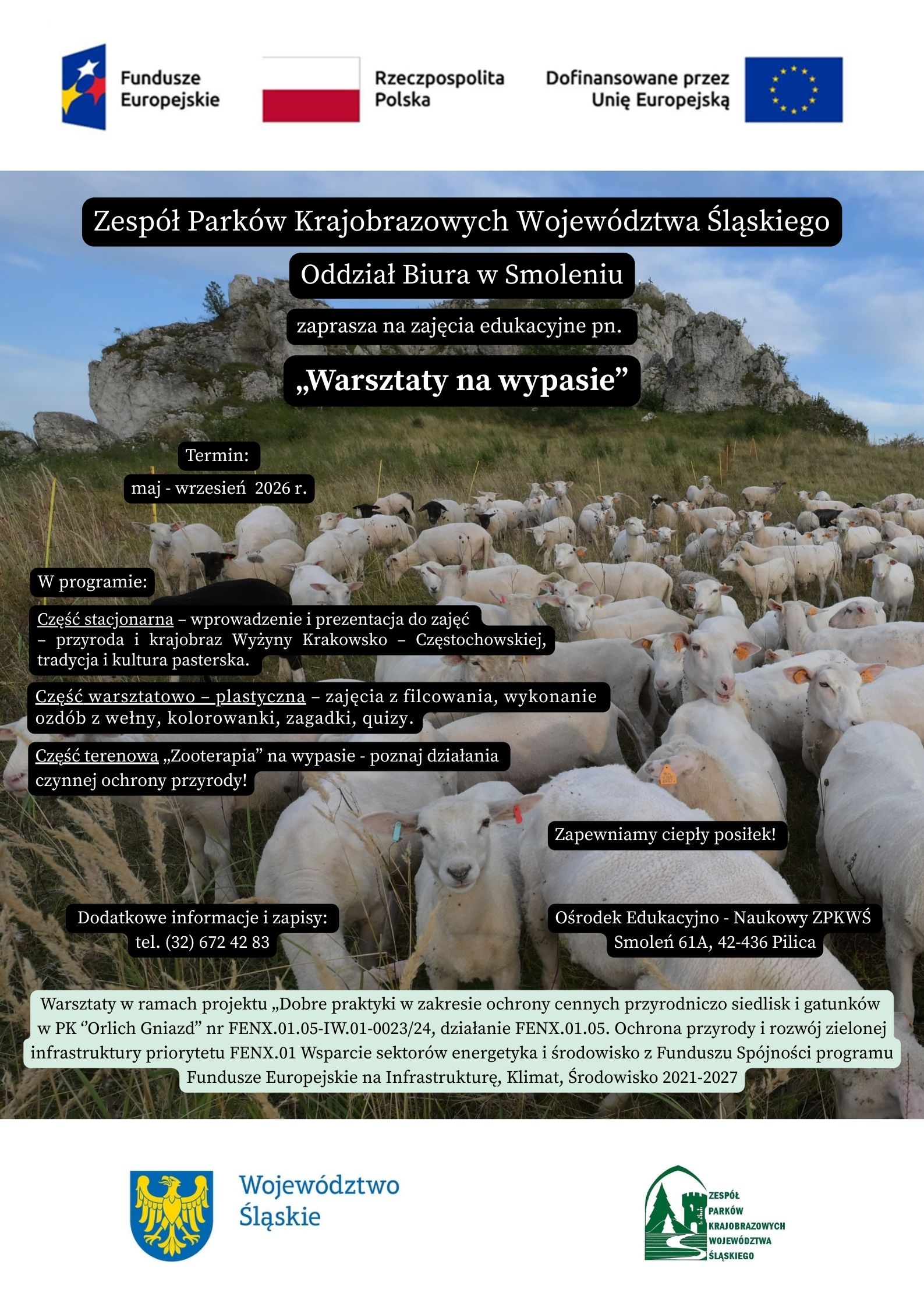 Plakat promujący "Warsztaty na wypasie" w roku 2026 organizowane przez Odział Biura ZPKWŚ w Smoleniu z programem i informacjami organizacyjnymi.