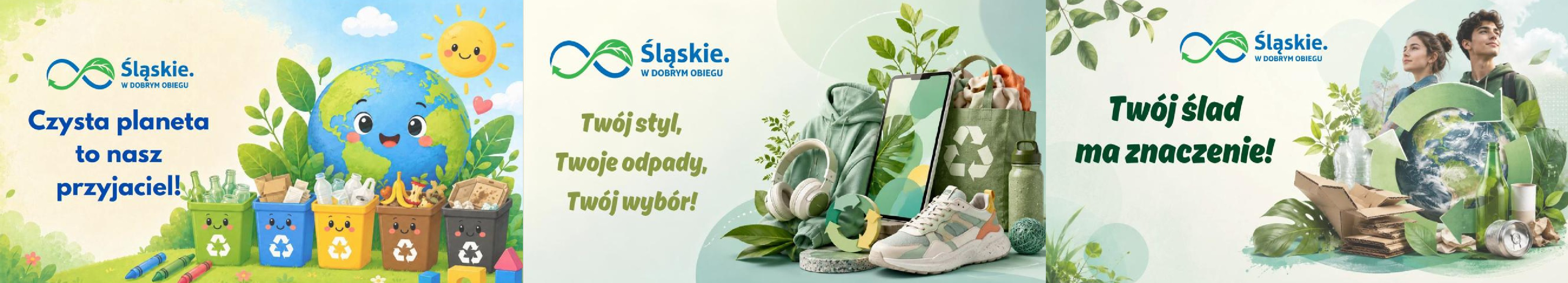 Grafika materiałów edukacyjnych dla szkół w ramach kampanii Śląskie. W DOBRYM OBIEGU.